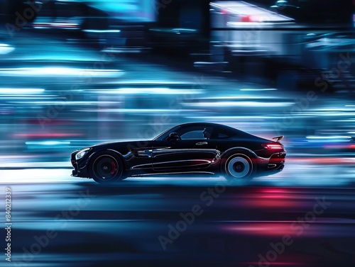 Black car driving fast at night in the city  motion blur  blue lights.