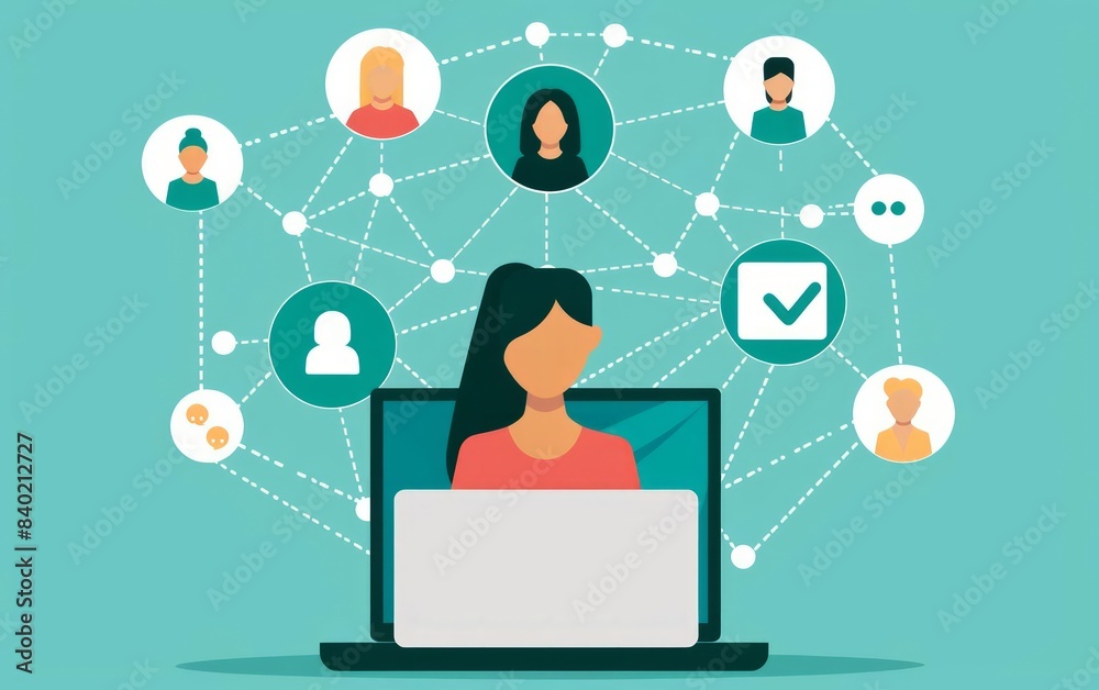 The businesswoman effectively communicates with her team through a social network on her laptop The businesswoman effectively communicates with her team through a social network on her laptop