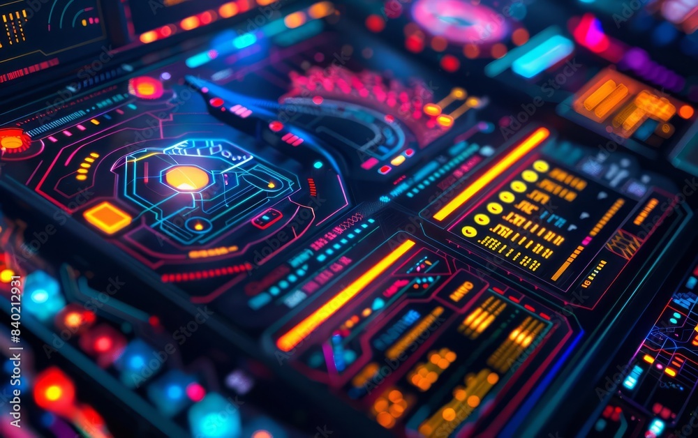 The closeup image captures a vibrant and futuristic interface display, illuminated with an array of bright colors The closeup image captures a vibrant and futuristic interface display, illuminated with an array of bright colors