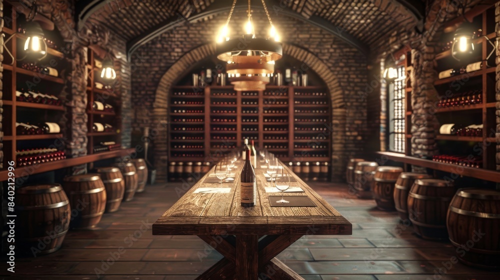 Obraz premium Exquisite Winemaker's Cellar Aged Wines Tasting Table and Sommelier's Selection