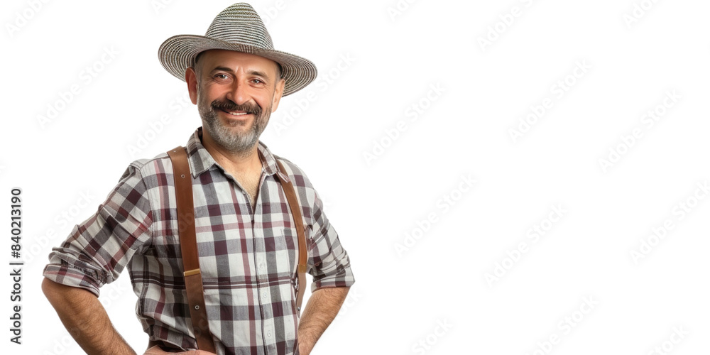 Man wearing a plaid shirt, suspenders, and a straw hat, smiling with hands on his hips. Casual and friendly appearance, likely representing a farmer or gardener. Man wearing a plaid shirt, suspenders, and a straw hat, smiling with hands on his hips. Casual and friendly appearance, likely representing a farmer or gardener.