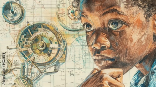 The colored pencil illustration captures a young inventor, eyes fixed on a blueprint, as they imagine the possibilities of the future