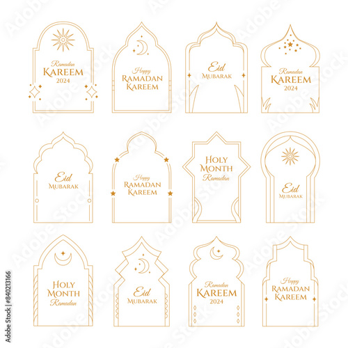 Set of Modern Minimalist Aesthetic linear frames for ramadan kareem greeting card collection, islamic border frame. trendy linear frames with stars, arch frames, geometric forms boho style.