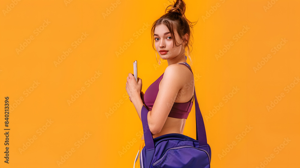 Young fitness trainer instructor sporty woman sportsman wear purple top clothes spend time in home gym hold bag use mobile cell phone isolated on plain orange background Workout sport fit abs concept Young fitness trainer instructor sporty woman sportsman wear purple top clothes spend time in home gym hold bag use mobile cell phone isolated on plain orange background Workout sport fit abs concept