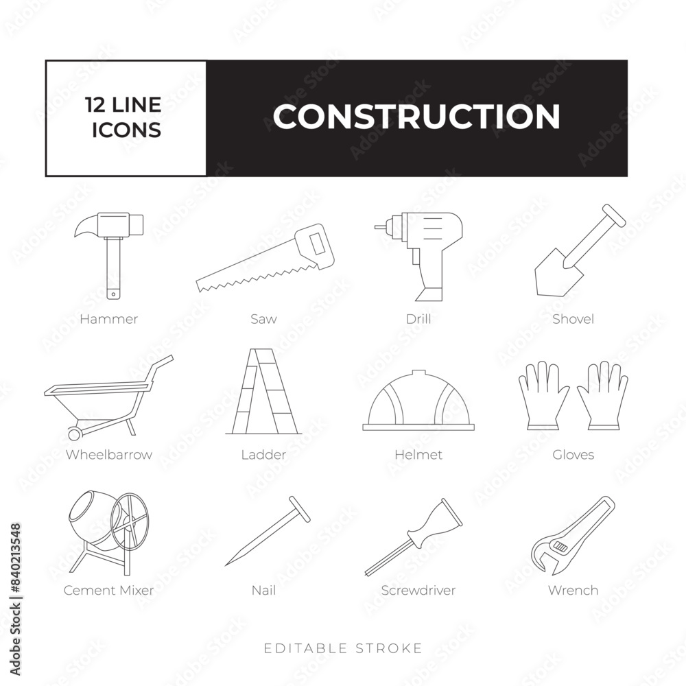 Construction line icon set vector simple, black and white vector icon bundle Construction line icon set vector simple, black and white vector icon bundle