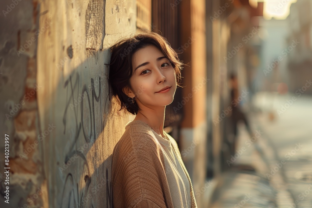 Naklejka premium Modern woman leaning against a wall in the city. Generative AI.