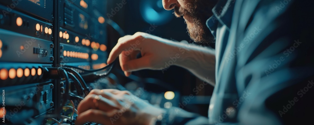 Obraz premium Technician working on a server room, adjusting wires and equipment. Concept of IT, technology, and technical support.