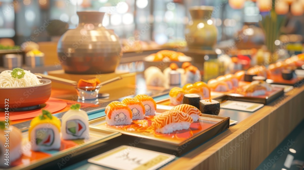 Sushi Bar Buzz Vibrant Conveyor Belt Restaurant Scene with Sake Sets and Blank Business Cards Sushi Bar Buzz Vibrant Conveyor Belt Restaurant Scene with Sake Sets and Blank Business Cards