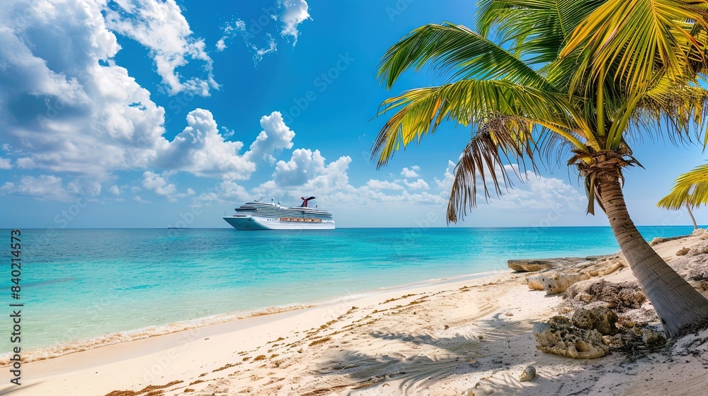 A cruise ship is sailing in the ocean near a palm tree A cruise ship is sailing in the ocean near a palm tree