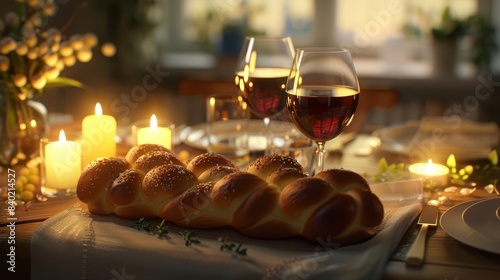 Shabbat dinner setting, focus on challah bread, wine, and glowing candles, photorealistic style, side view with ample copyspace, bright and serene atmosphere, top-down perspective photo