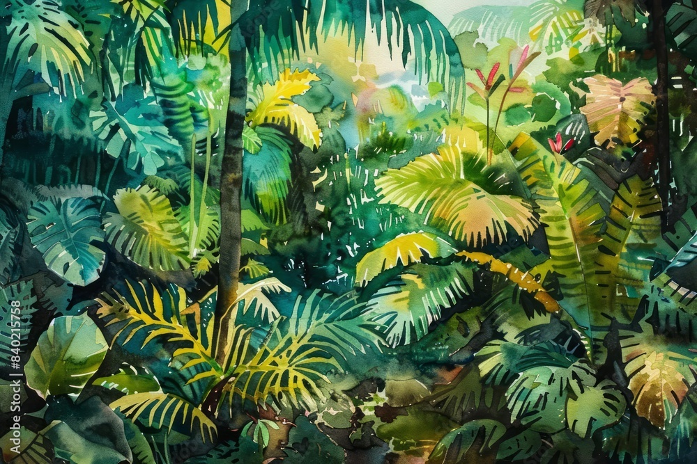 Fototapeta premium This watercolor artwork captures the rich biodiversity of a lush rainforest, highlighting its dense and vibrant vegetation