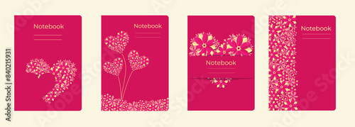 Set of cover designs for notebook, notepad, book, catalog with many flowers.Template for girl and school in colorful design. Vertical format A4,A5.