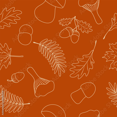 Seamless pattern with maple leaves, acorns, oak leaves, rowan leaves, ceps, mushrooms on brown background.
