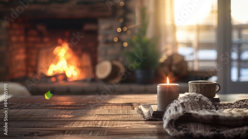 Table top with fireplace background in cozy home interior photo
