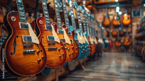 A row of different electric guitars hanging in the music store