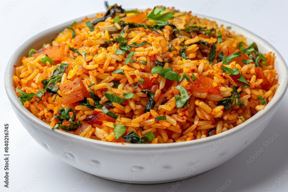 Hearty vegetable rice dish with fresh herbs on white background Hearty vegetable rice dish with fresh herbs on white background