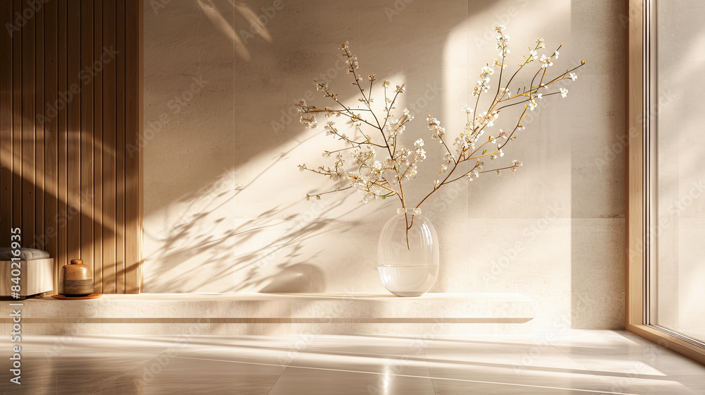 Modern Minimalist Interior Design with Cherry Blossom Branch in Glass Vase on Beige Wall Background and Wooden Paneling Detail with Sunlight Shadows Modern Minimalist Interior Design with Cherry Blossom Branch in Glass Vase on Beige Wall Background and Wooden Paneling Detail with Sunlight Shadows