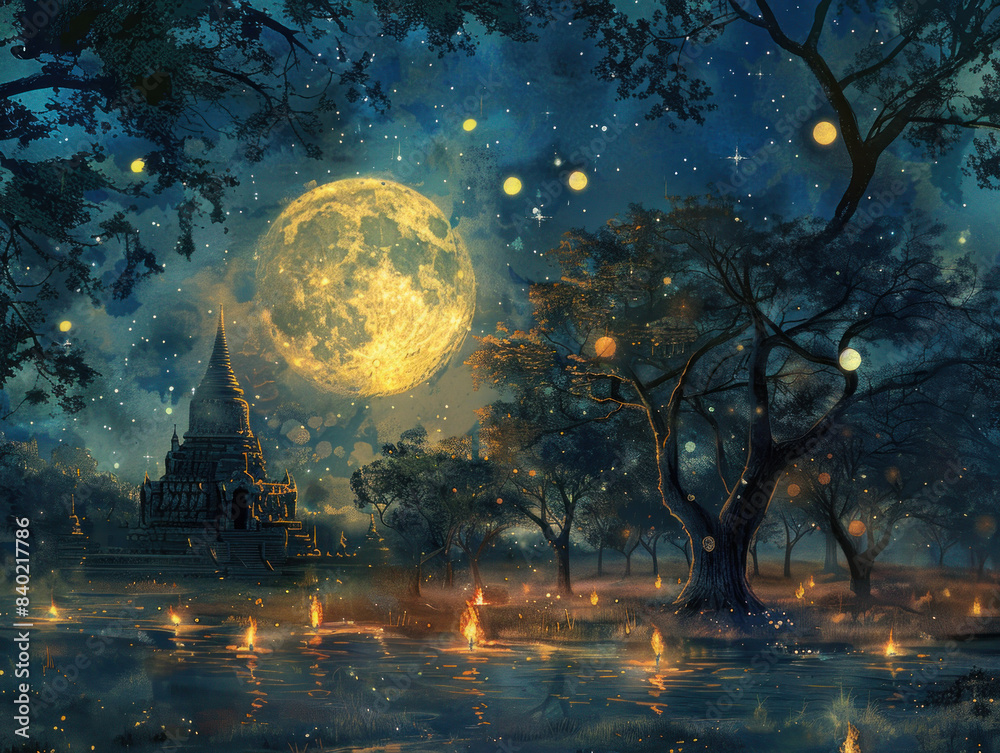Obraz premium Ancient Temple Under a Magical Moonlit Sky