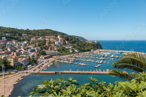Port of Agropoli with Italian sign on the dock says 