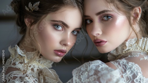 Elegant Twins in Lace Dresses with Mesmerizing Gaze