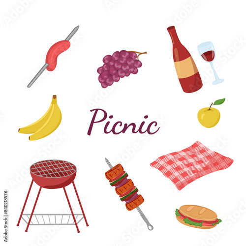 Vector illustration of food, drinks and tablecloth for an outdoor picnic. Colored barbecue card. Set of items for a family weekend in the forest or park.