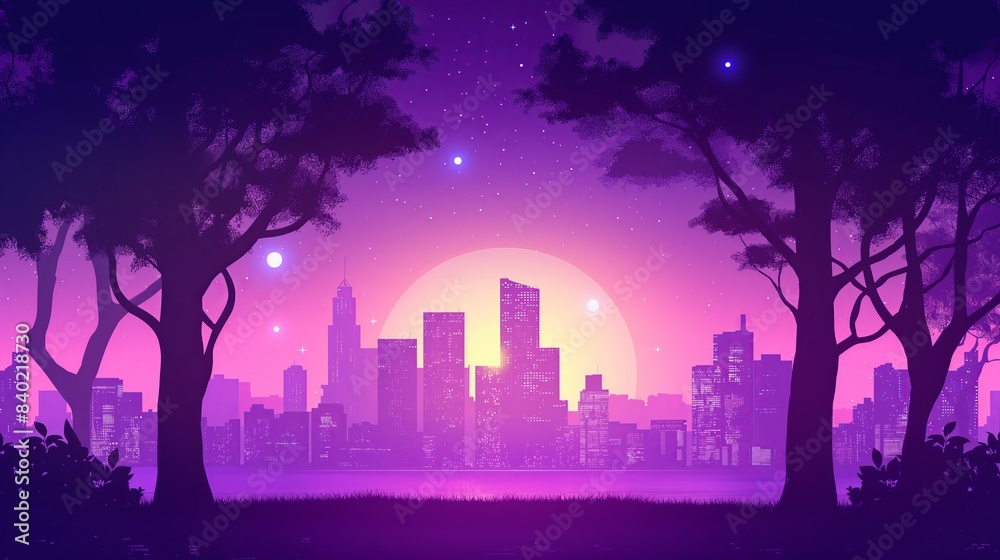 Fototapeta premium Twilight City Skyline with Glowing Stars and Sunset Glow