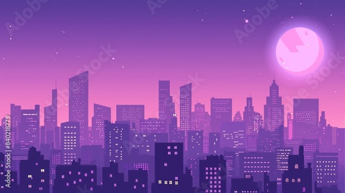 Peaceful Cityscape at Night with Full Moon and Stars