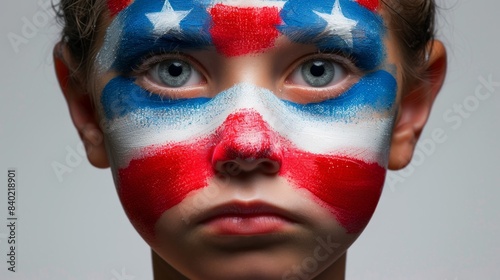 Patriotic Child with American Flag Face Paint Gazing Forward