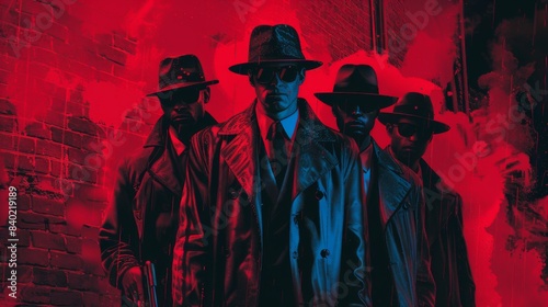 Three individuals in gangster attire with hats and coats, stylized with a red neon light on a dark background