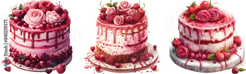 Watercolor pink hand drawn cakes on white background with berries, strawberries, flowers

