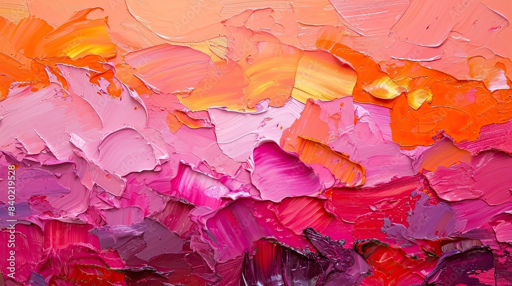 A vibrant, textured oil painting of an abstract sunset, with bold strokes and layers in shades of pink, orange and purple. A vibrant, textured oil painting of an abstract sunset, with bold strokes and layers in shades of pink, orange and purple.