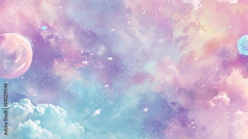 A watercolor depiction of a whimsical, pastel-colored galaxy, with stars and planets in shades of pink, lavender, and mint.