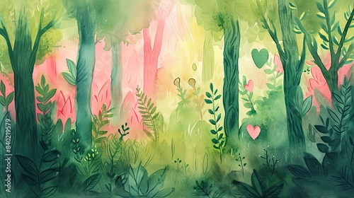 A watercolor illustration of an enchanted forest scene, with trees and foliage in shades of green and pink, and hidden among the leaves are small, heart-shaped details.