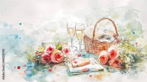 A watercolor flat lay of a romantic picnic, with painted items like a basket, wine glasses and a bouquet of roses. 