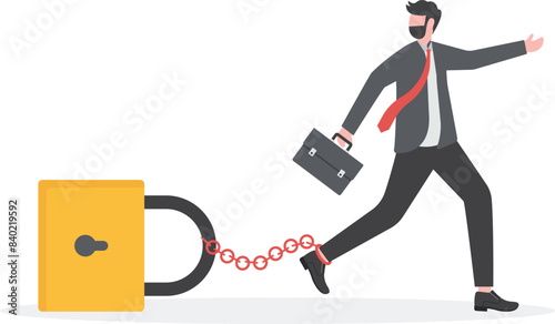 fixed mindset is an obstacle to success, businessman whose path was hampered because his feet were chained with padlocks
