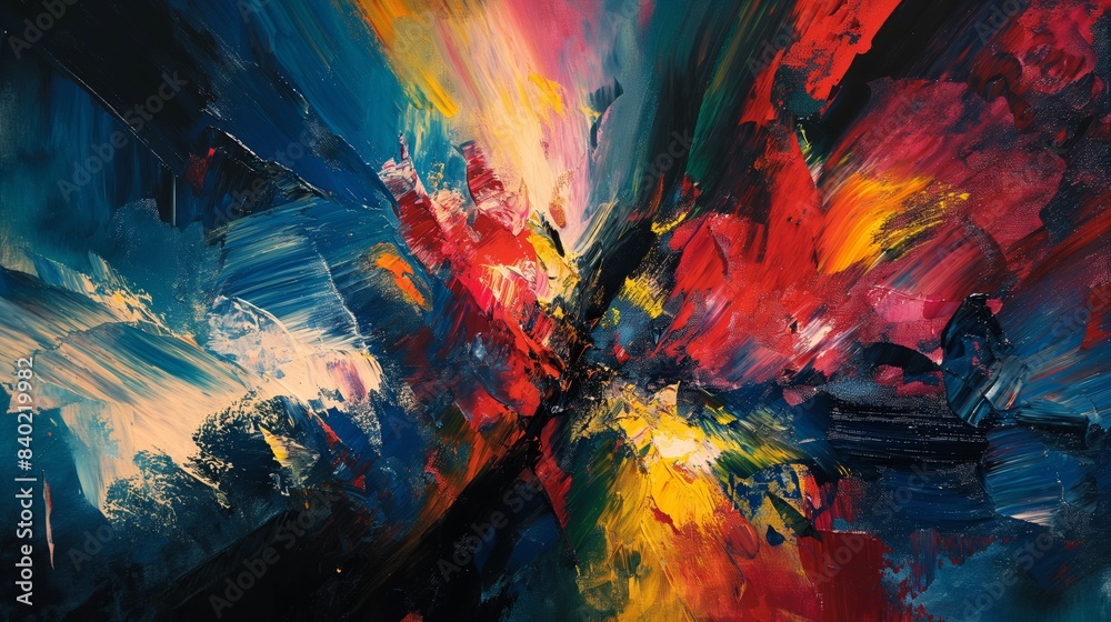 Dynamic Abstract Expressionism Painting with Explosive Brush Strokes in Blue, Red, Yellow, and Black Dynamic Abstract Expressionism Painting with Explosive Brush Strokes in Blue, Red, Yellow, and Black