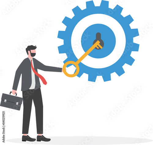 key solution for running business projects, strategy or way to run a successful business, unlock the potential for success, smart businessman opens control center of cogwheel gear using big golden key