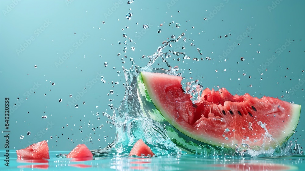 Refreshing splash of watermelon water bursting out of a freshly cut watermelon, isolated on a pastel summer blue background