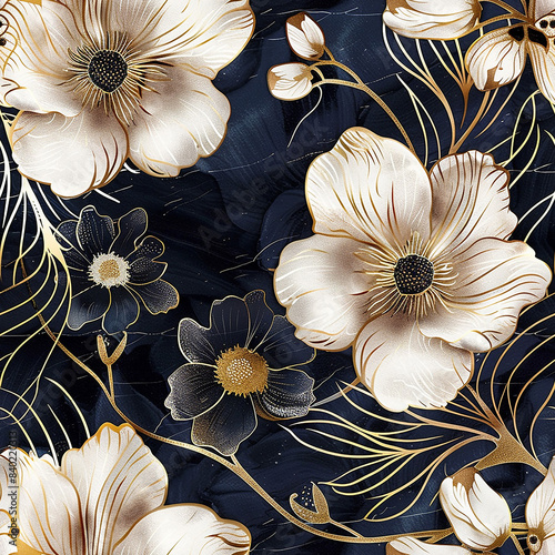 The image is a dark blue background with cream and gold colored flowers.
