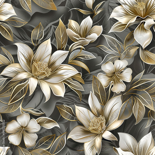 The image is a pattern of large white and gold flowers with dark grey leaves on a dark background.
