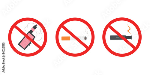 Set of prohibition signs for Vapes, Electronic cigarettes, tobacco. no tobacco day. Healthy lifestyle concept. Smoking kills. Vector illustration, badges, logo, emblems, posters