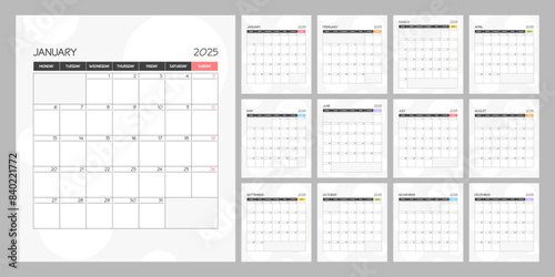 Monthly calendar rainbow square planner schedule for 2025 year. Week Starts on Monday