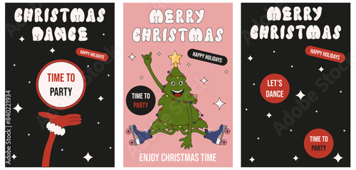 Christmas night invitation card Covers set. Collection Christmas greetic Posters with Groovy santa, XMAS tree and typography. Playful vector illustration.