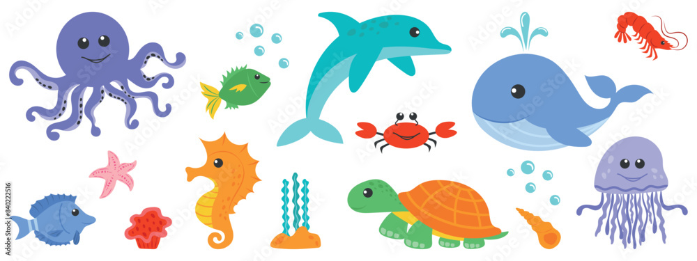 Fototapeta premium Set of cute sea animals. Vector illustration of an octopus, whale, shells, corals and jellyfish drawn in a hand-drawn cartoon style. Children's illustration, stickers, logo
