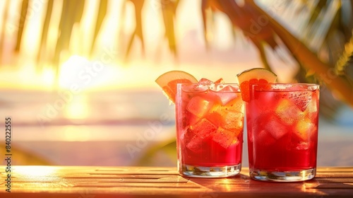 Serene beach backdrop sets the scene for tropical sunset drinks