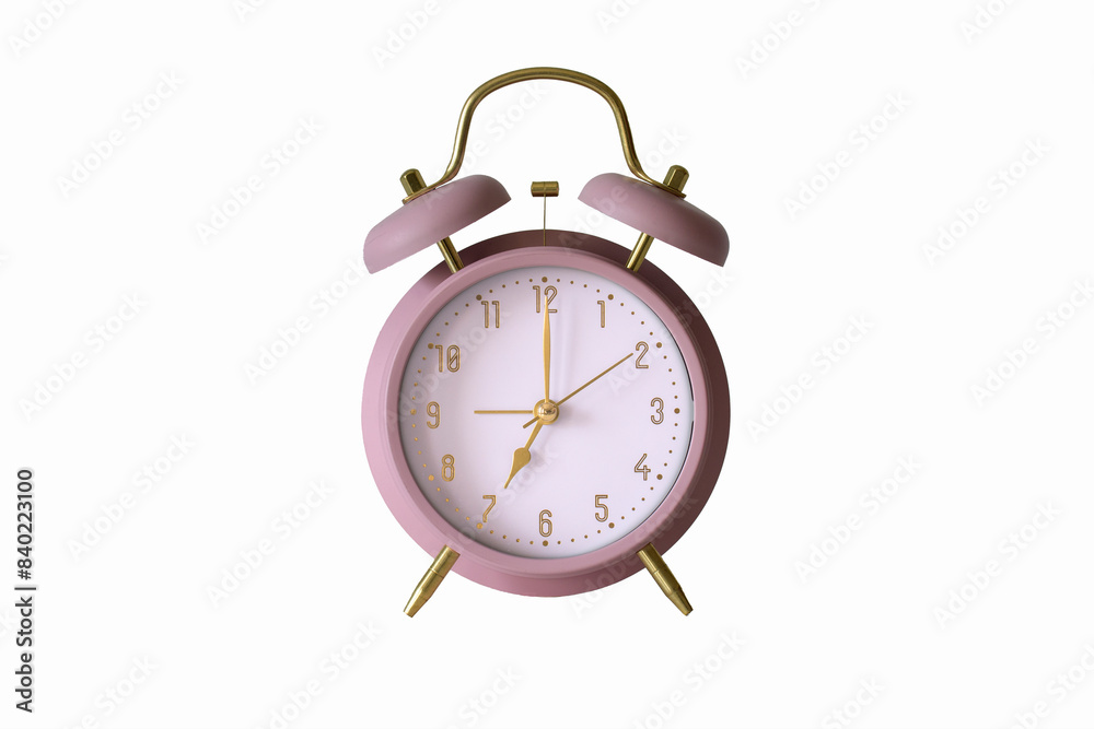 Mechanical alarm clock shape of past time Pink color on white background isolated Mechanical alarm clock shape of past time Pink color on white background isolated