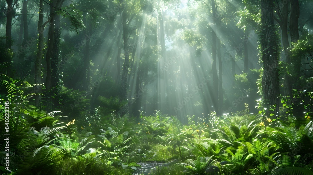 Naklejka premium Lush Morning Forest Bathed in Soft Sunlight with Winding Stream and Verdant Foliage