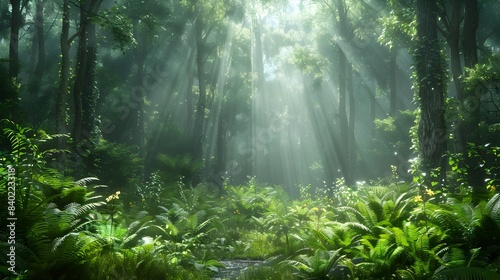 Lush Morning Forest Bathed in Soft Sunlight with Winding Stream and Verdant Foliage