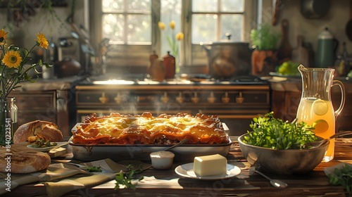 Cozy Kitchen Scene with Freshly Baked Lasagna Salad and Homemade Bread on a Rustic Wooden Table with Warm Natural Lighting