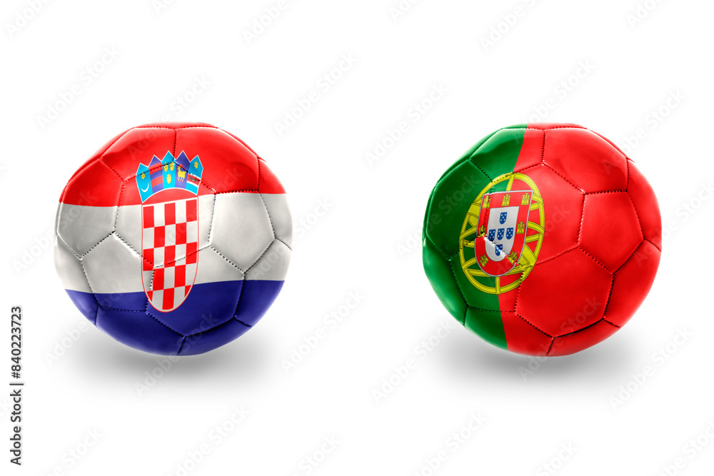 Obraz premium football balls with national flags of croatia and portugal ,soccer teams. on the white background.